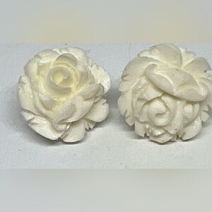 Vintage Faux Celluloid Carved White Rose Flower Pierced Earrings